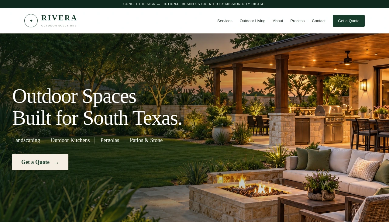 Live Rivera Outdoor Solutions homepage showing the RIVERA header, outdoor kitchen and patio, and Outdoor Spaces Built for South Texas headline