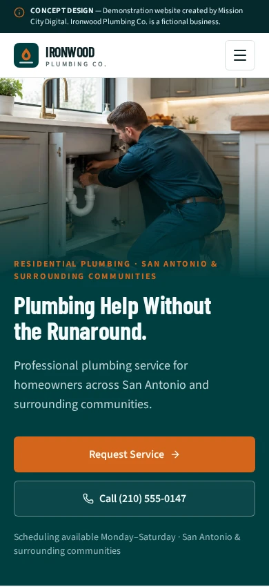 Actual mobile homepage of the fictional Ironwood Plumbing Co. concept, showing its header, plumber photograph and Plumbing Help Without the Runaround headline