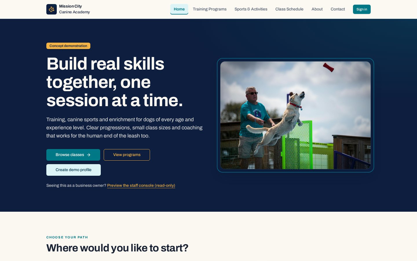 Screenshot of the fictional Mission City Canine Academy homepage, showing a dog sports image and class options