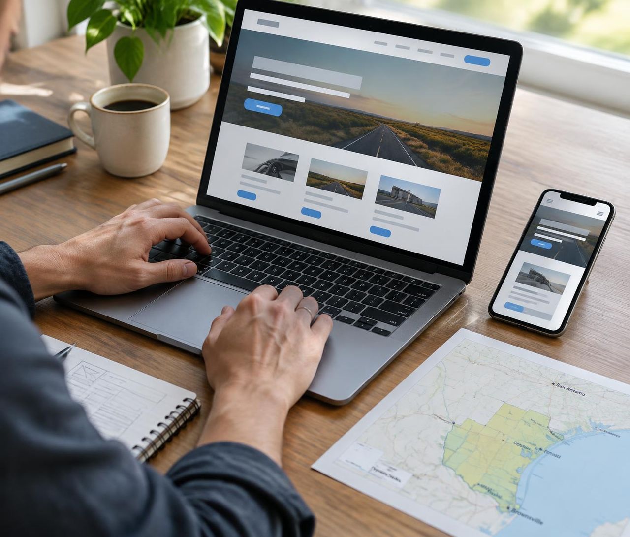 Responsive local-business website being refined on a laptop and phone beside a South Texas service-area map