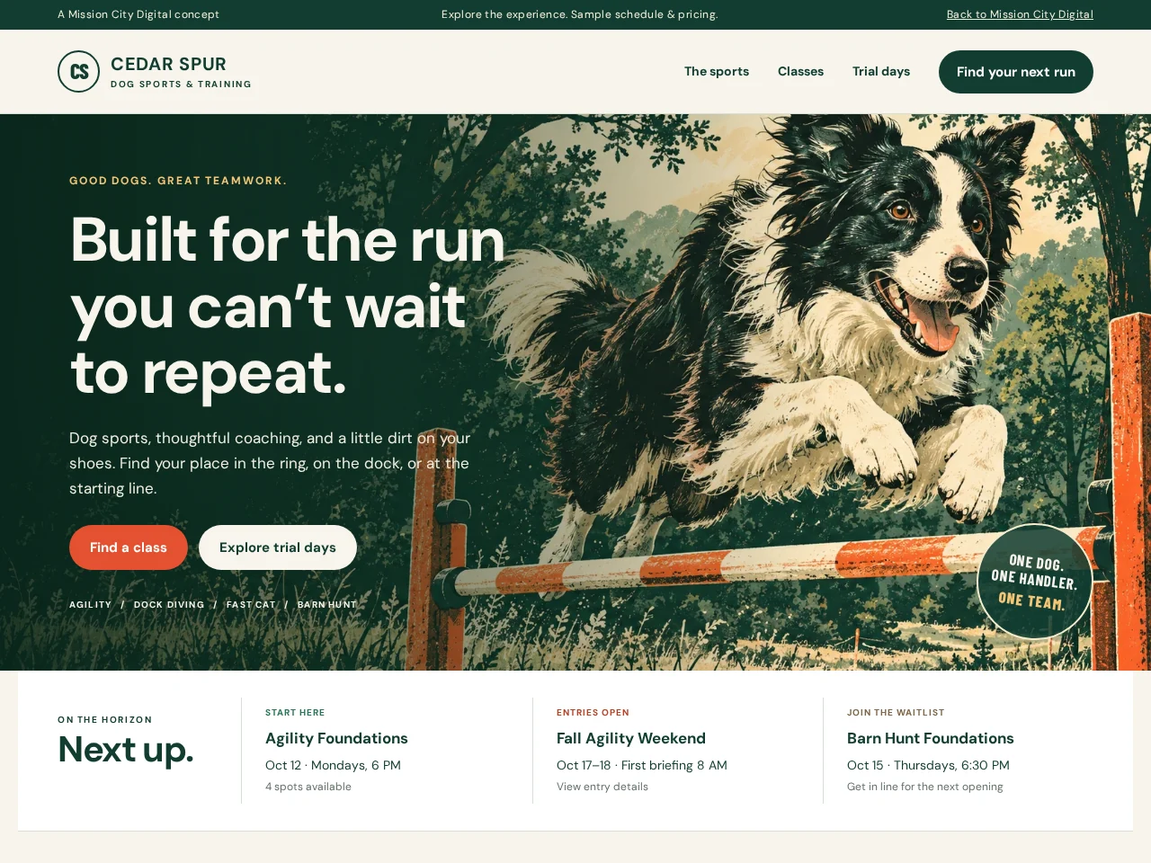Cedar Spur Dog Sports fictional live concept homepage