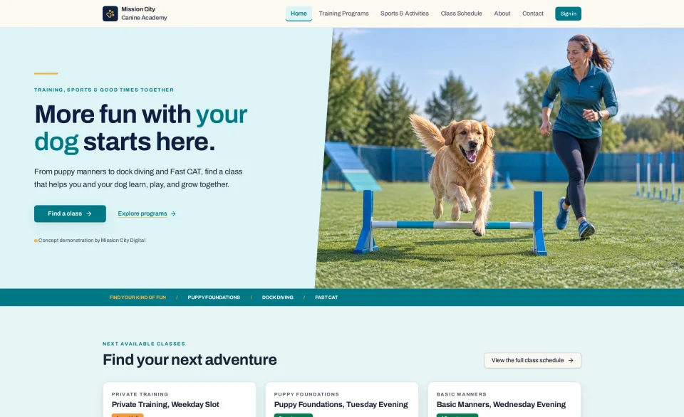 Mission City Canine Academy fictional workflow concept