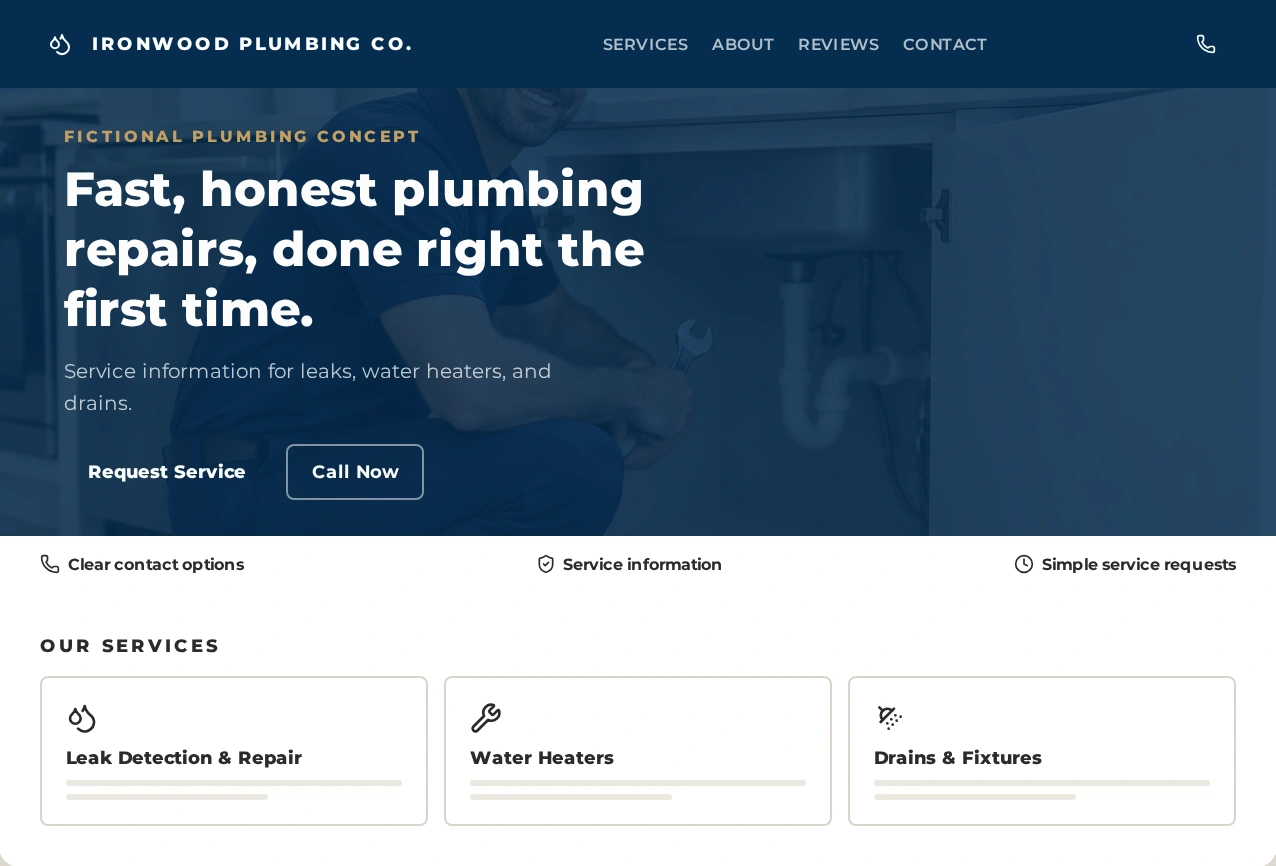 Desktop preview of the fictional Ironwood Plumbing website concept