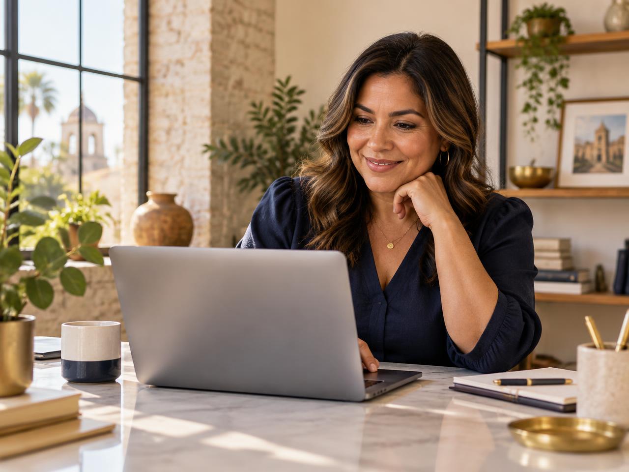 South Texas business owner reviewing a modern website on a laptop in a sunlit office