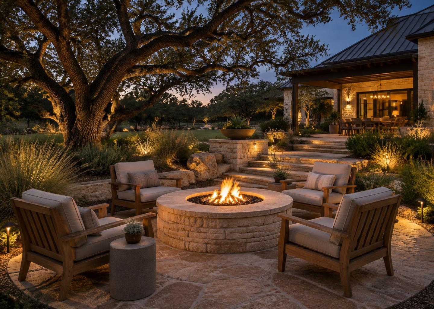 Illustrative fire pit gathering area with subtle garden lighting at dusk
