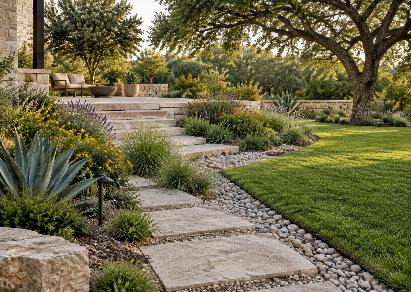Illustrative South Texas garden with native planting, sod and a limestone path