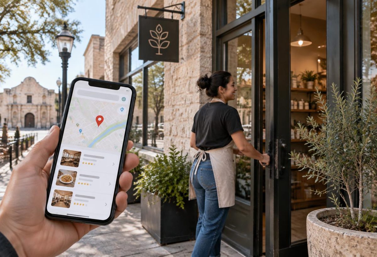 Illustrative local-business search and map results on a phone