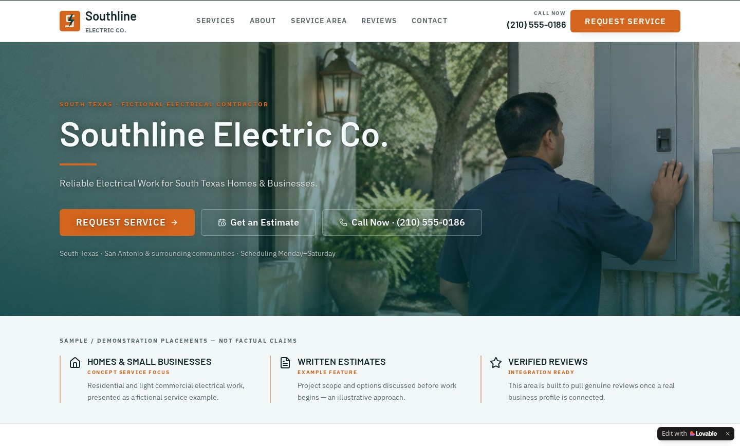 Live view of the fictional Southline Electric Co. concept site: navigation and hero with an electrician inspecting a panel outside a South Texas home