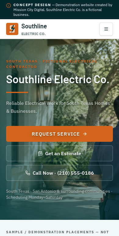 Mobile view of the live fictional Southline Electric Co. concept site