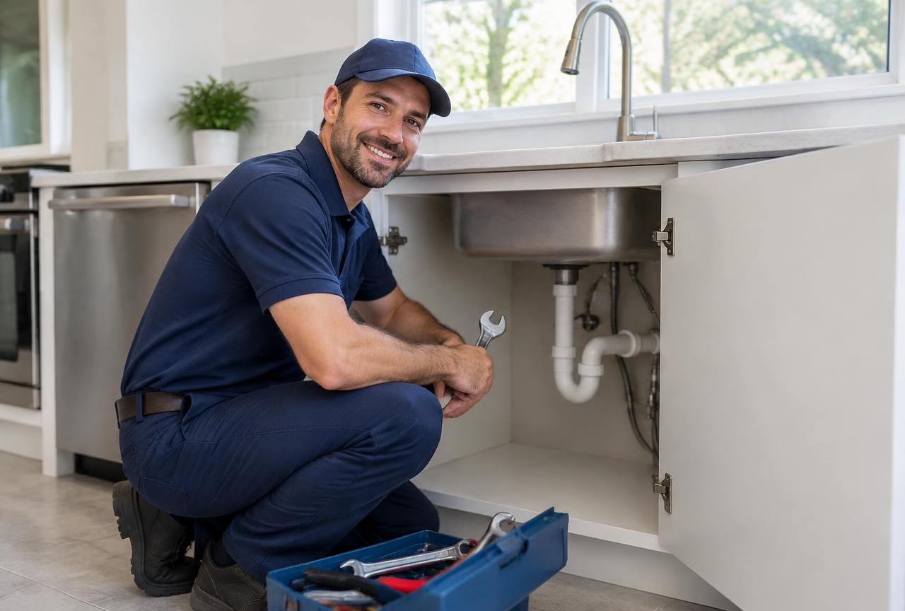 Plumber working under a kitchen sink, illustrating the home-services website example