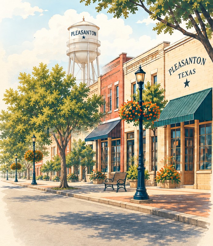 Illustrated small-town Texas street with the Pleasanton water tower and local storefronts